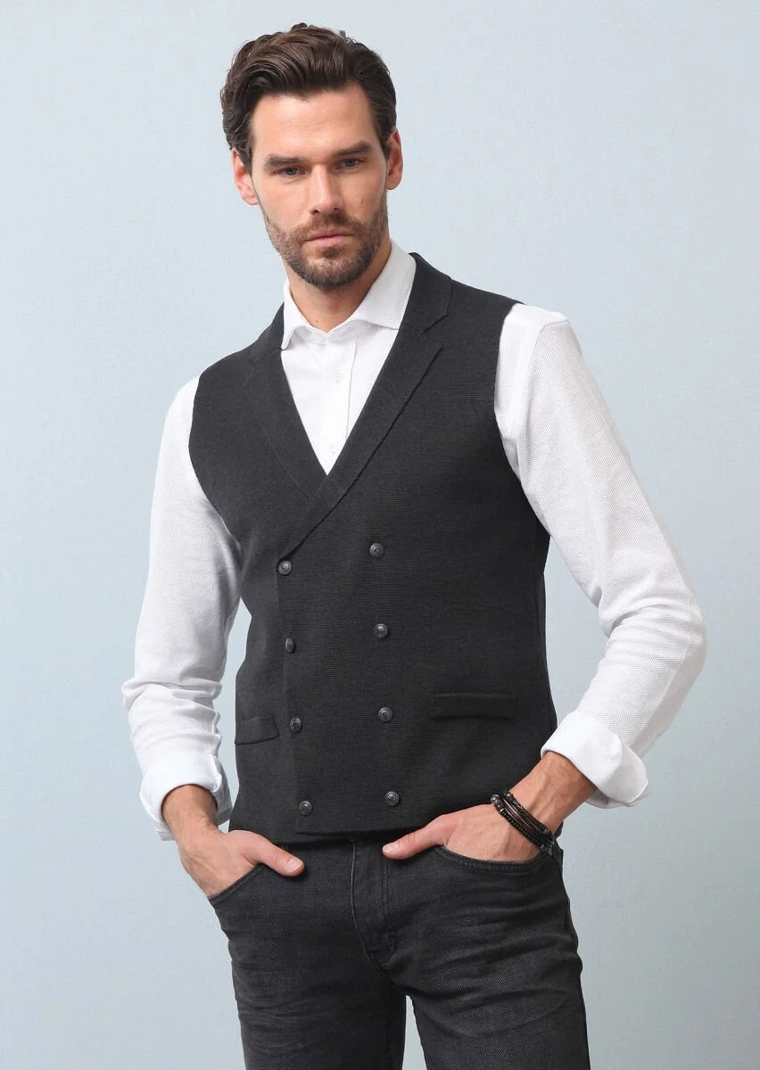 Hard Coal Plain Knitting Knit Vest - 1