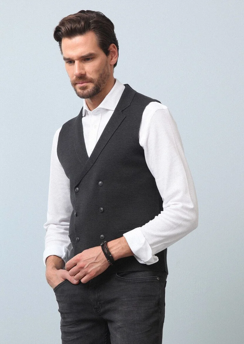 Hard Coal Plain Knitting Knit Vest - 2