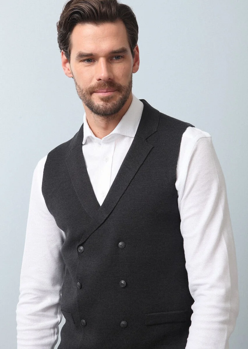 Hard Coal Plain Knitting Knit Vest - 3