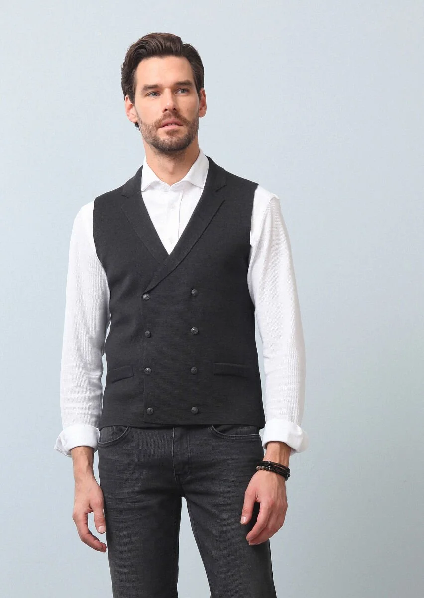 Hard Coal Plain Knitting Knit Vest - 4