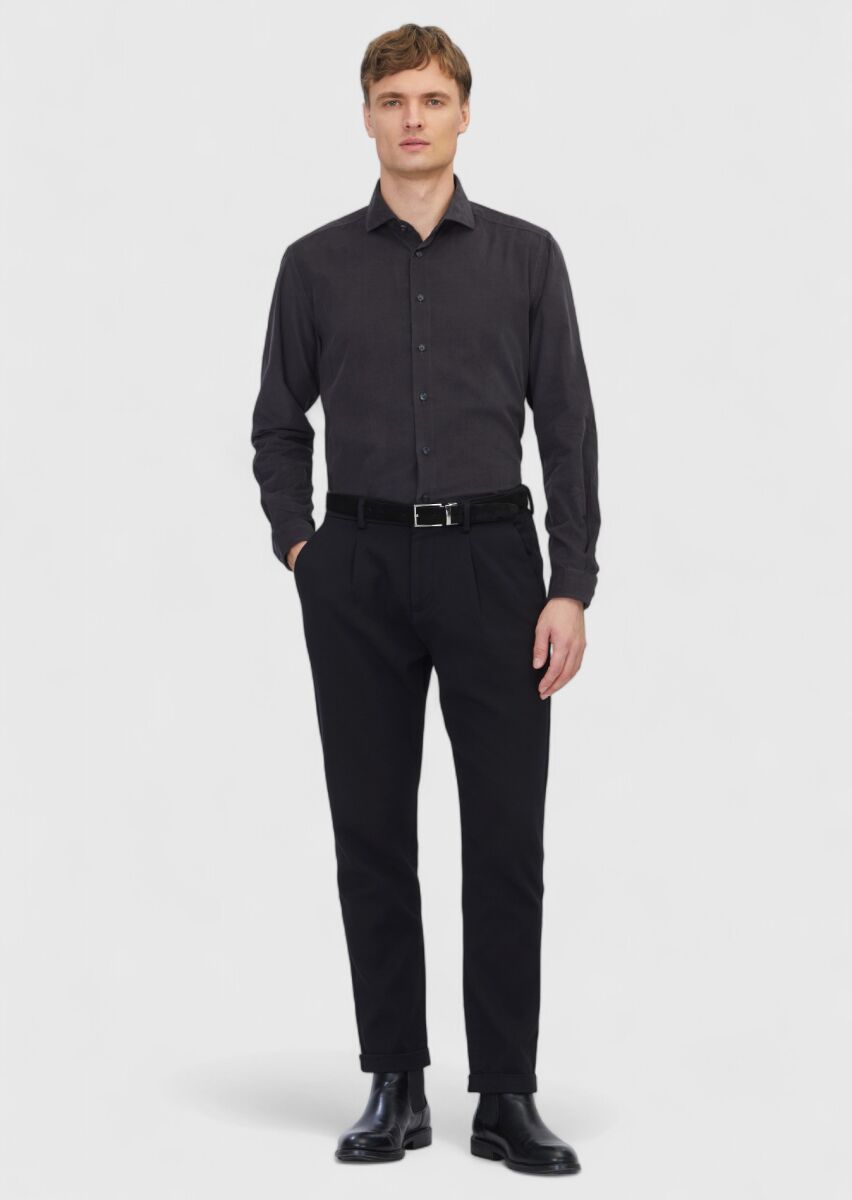 Hard Coal Plain Long Weaving Casual 100% Cotton Shirt - 2