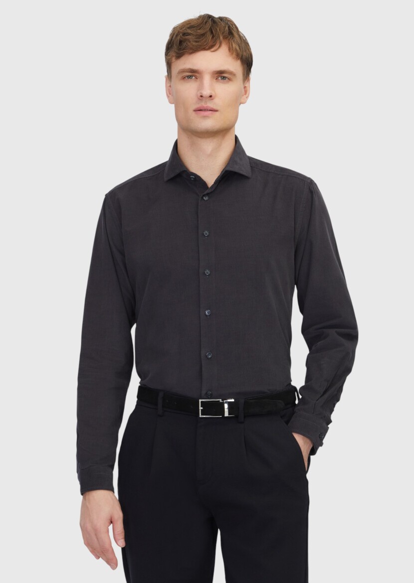 Hard Coal Plain Long Weaving Casual 100% Cotton Shirt - 3