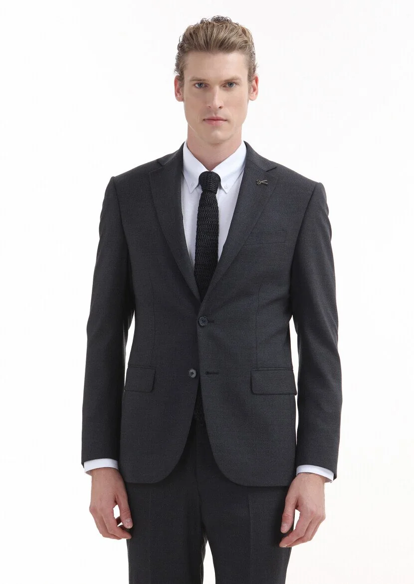 Hard Coal Plain Modern Fit Wool Blended Suit - 2