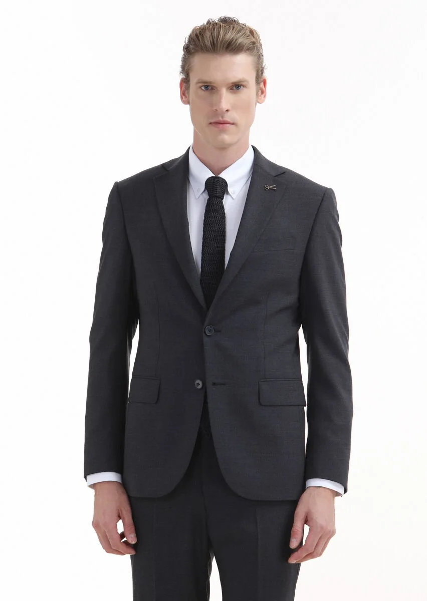 Hard Coal Plain Modern Fit Wool Blended Suit - 2
