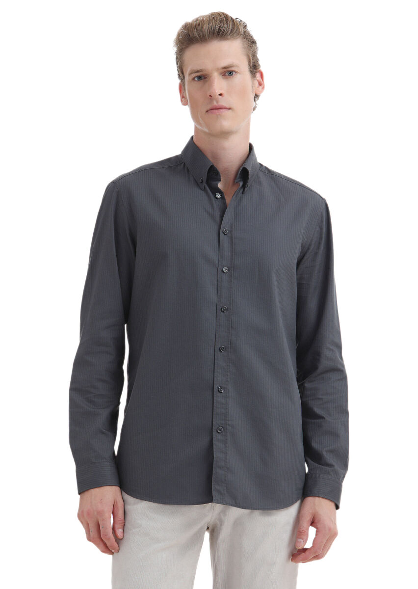 Hard Coal Plain Regular Fit Long Weaving Casual 100% Cotton Shirt - 1
