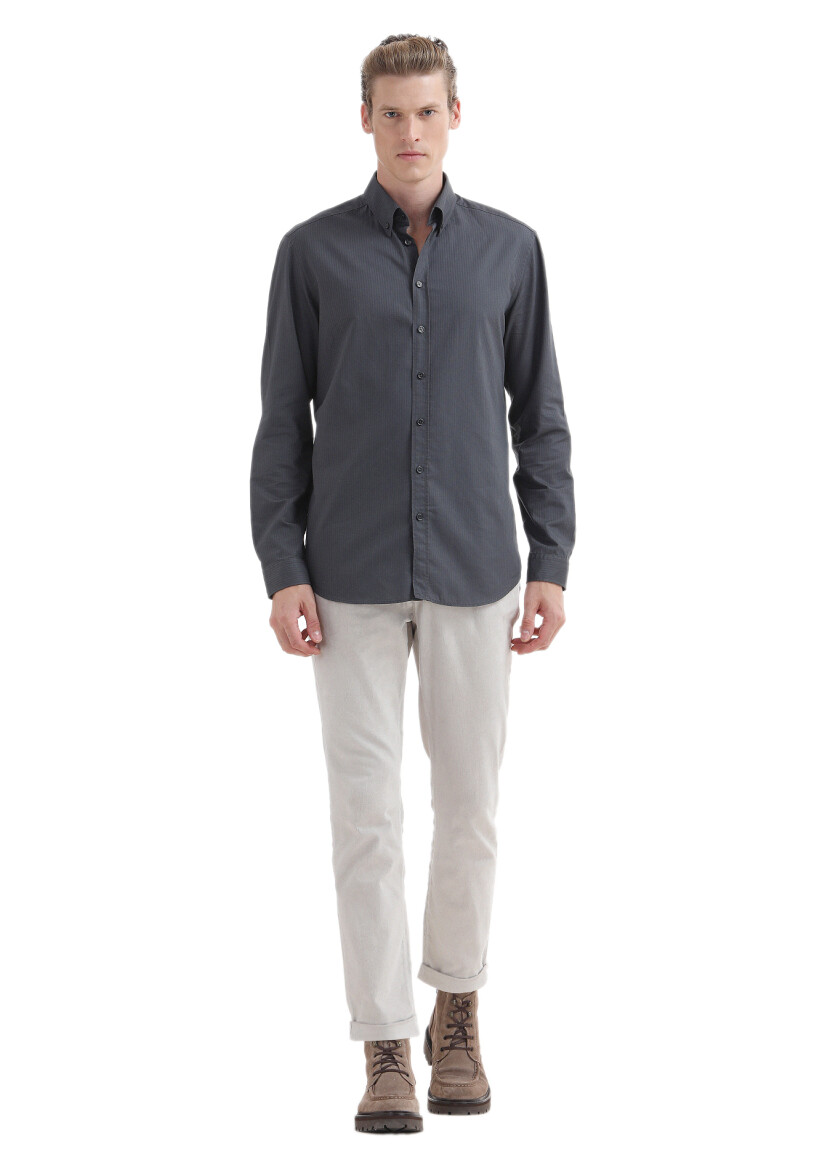 Hard Coal Plain Regular Fit Long Weaving Casual 100% Cotton Shirt 