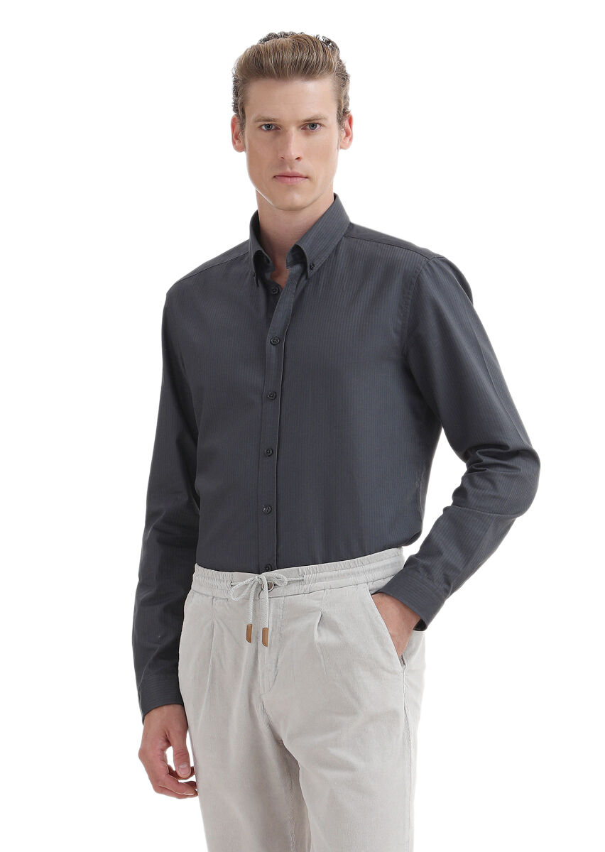 Hard Coal Plain Regular Fit Long Weaving Casual 100% Cotton Shirt - 3