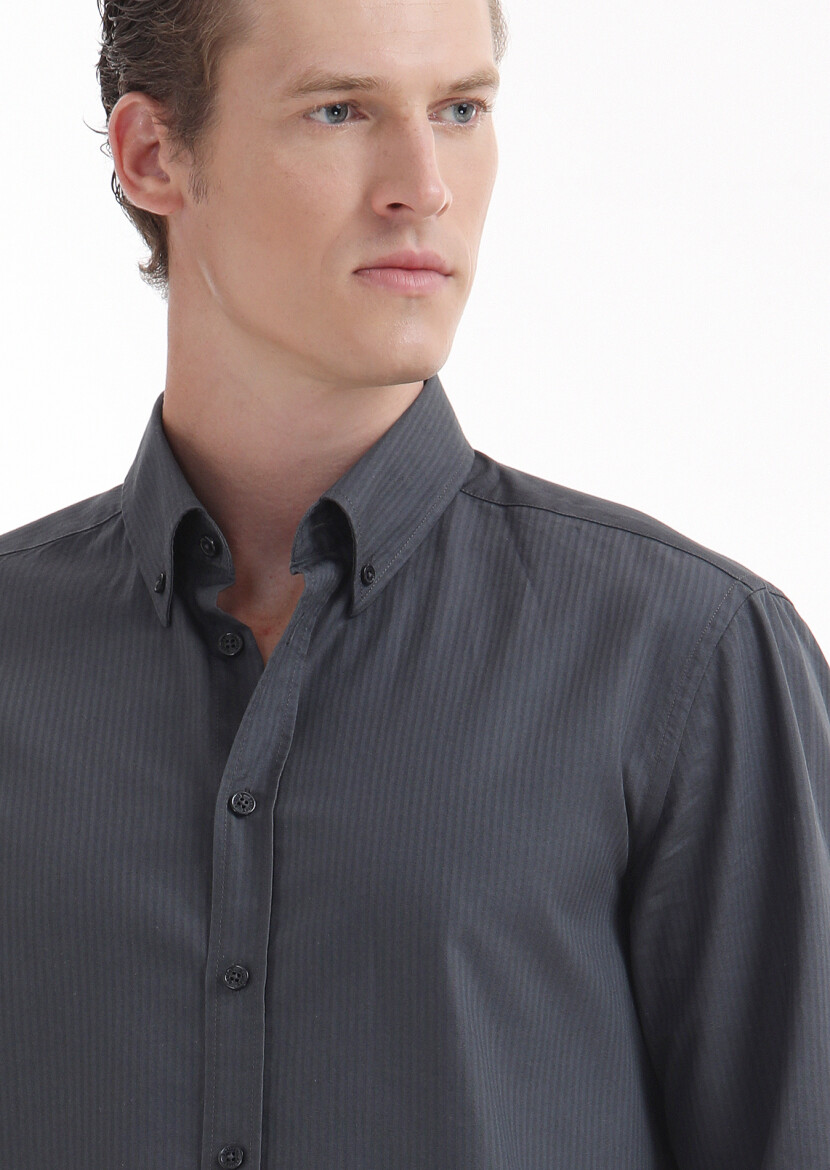 Hard Coal Plain Regular Fit Long Weaving Casual 100% Cotton Shirt - 4