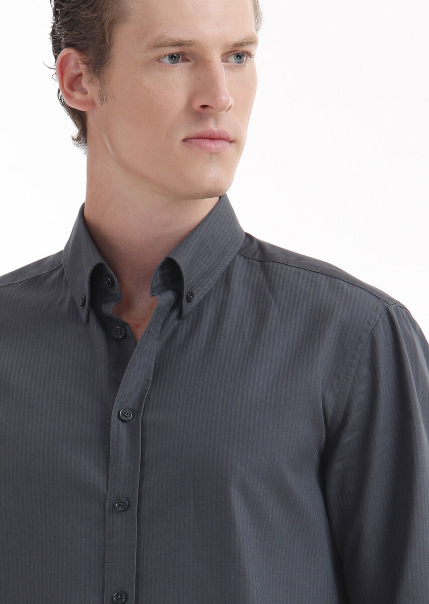 Hard Coal Plain Regular Fit Long Weaving Casual 100% Cotton Shirt - 4