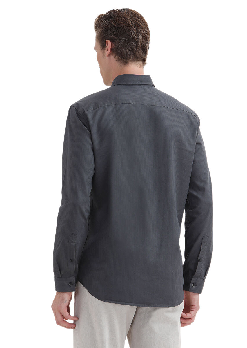 Hard Coal Plain Regular Fit Long Weaving Casual 100% Cotton Shirt - 5