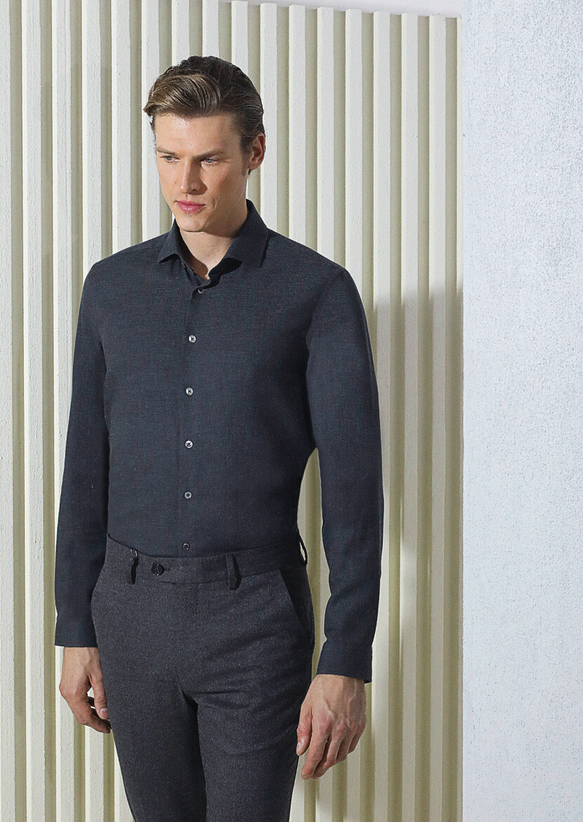 Hard Coal Plain Regular Fit Long Weaving Casual Cotton Blended Shirt - 1