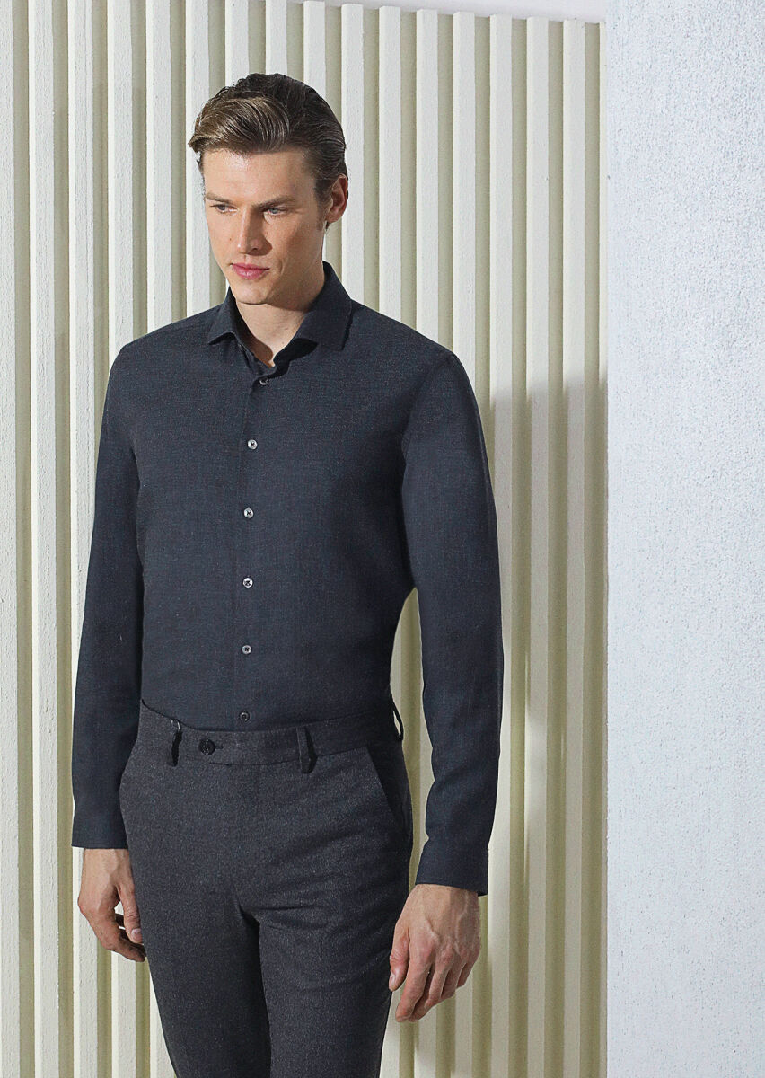 Hard Coal Plain Regular Fit Long Weaving Casual Cotton Blended Shirt - 1