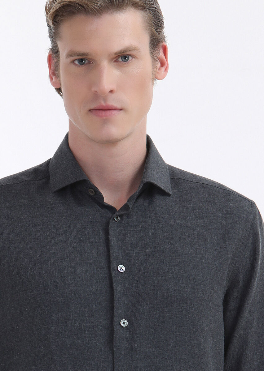 Hard Coal Plain Regular Fit Long Weaving Casual Cotton Blended Shirt - 2