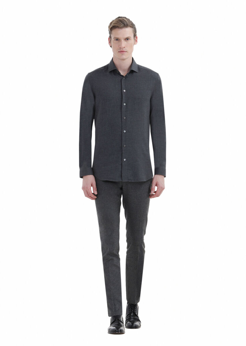 Hard Coal Plain Regular Fit Long Weaving Casual Cotton Blended Shirt - 3