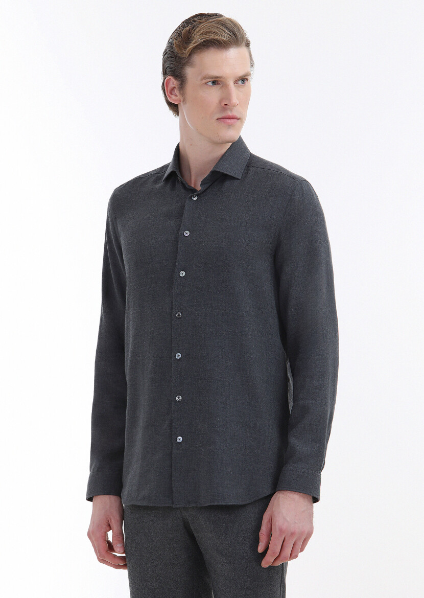 Hard Coal Plain Regular Fit Long Weaving Casual Cotton Blended Shirt - 5