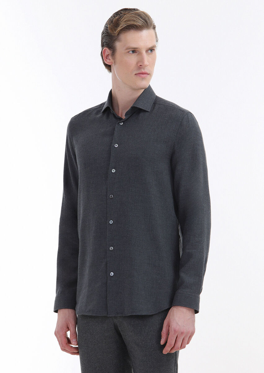 Hard Coal Plain Regular Fit Long Weaving Casual Cotton Blended Shirt - 5