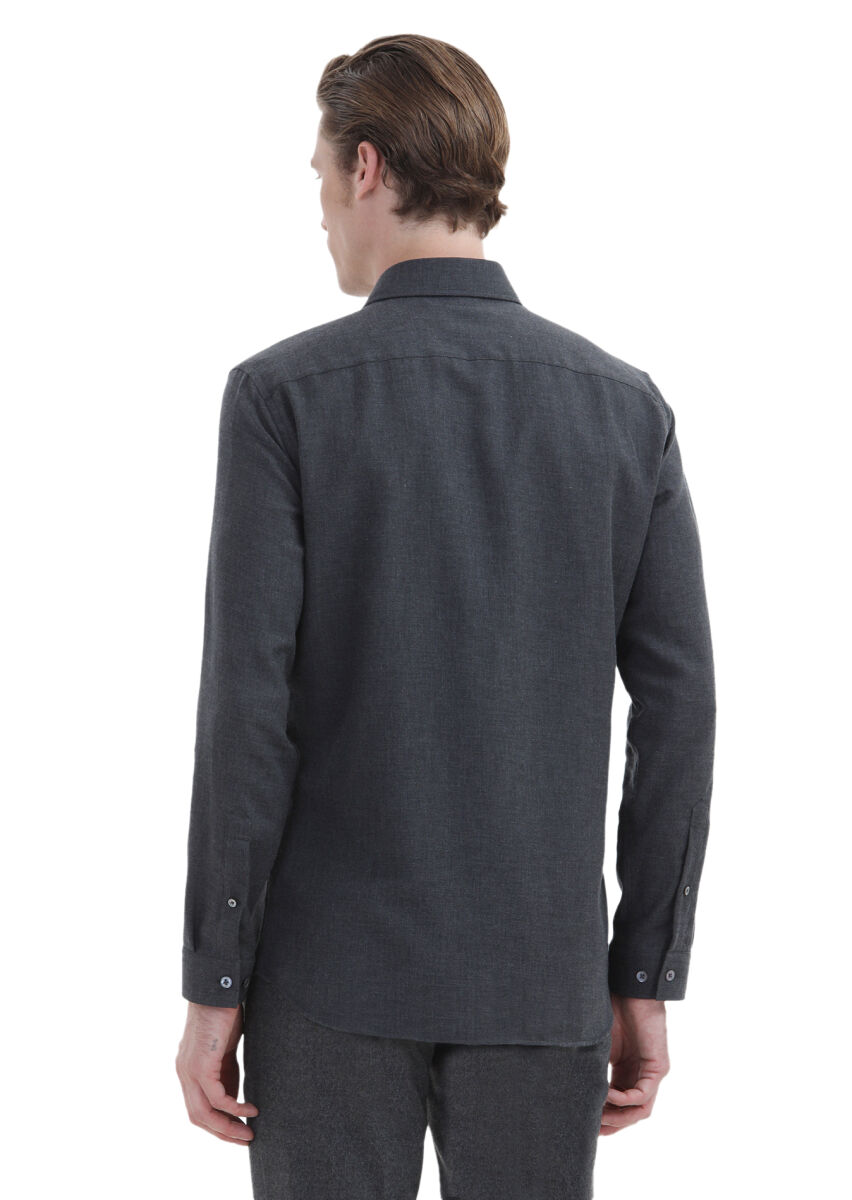 Hard Coal Plain Regular Fit Long Weaving Casual Cotton Blended Shirt - 6