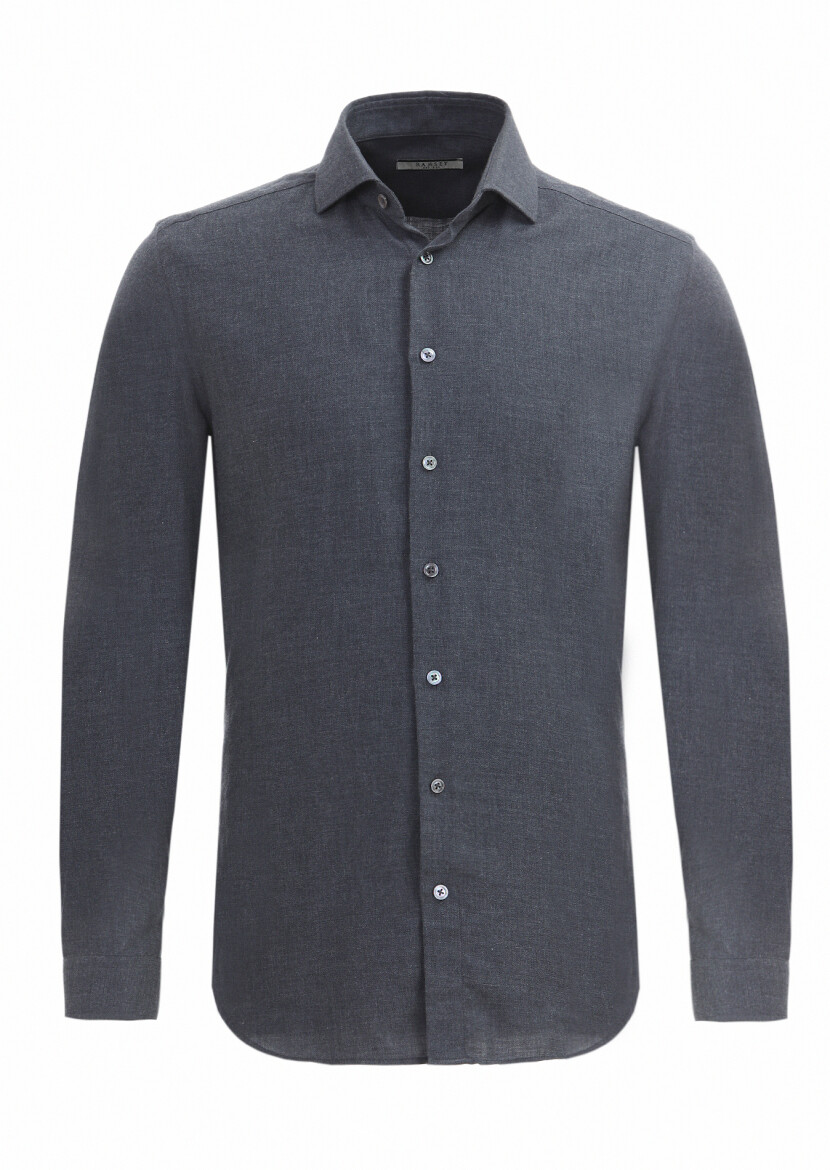 Hard Coal Plain Regular Fit Long Weaving Casual Cotton Blended Shirt - 7