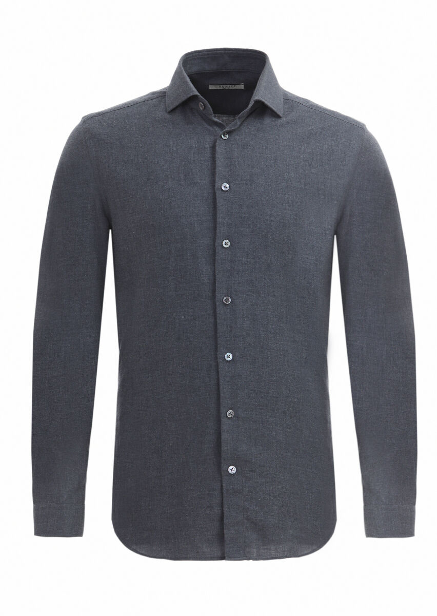 Hard Coal Plain Regular Fit Long Weaving Casual Cotton Blended Shirt - 7