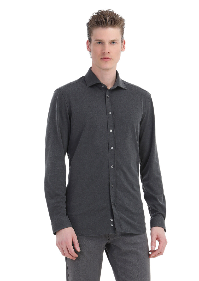 Hard Coal Plain Regular Fit Long Weaving Casual Shirt - 1