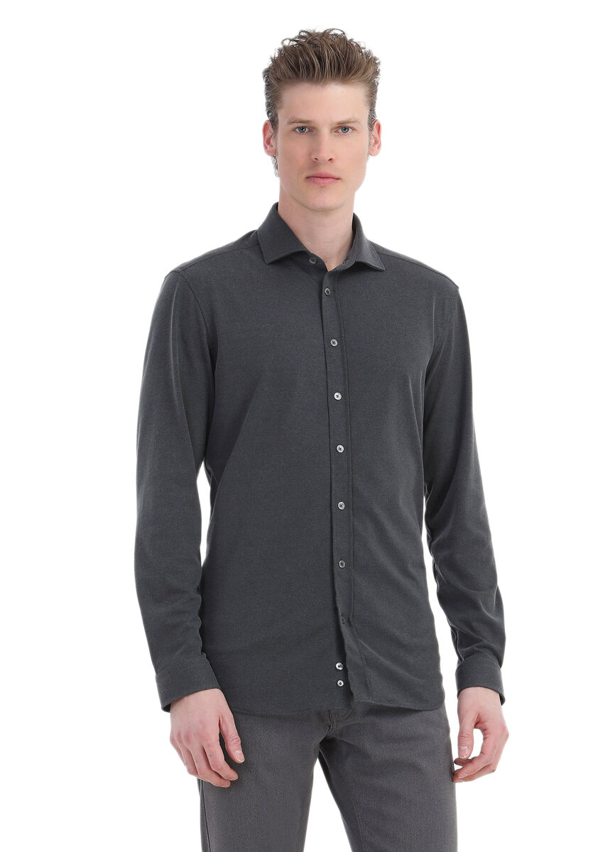 Hard Coal Plain Regular Fit Long Weaving Casual Shirt - 1