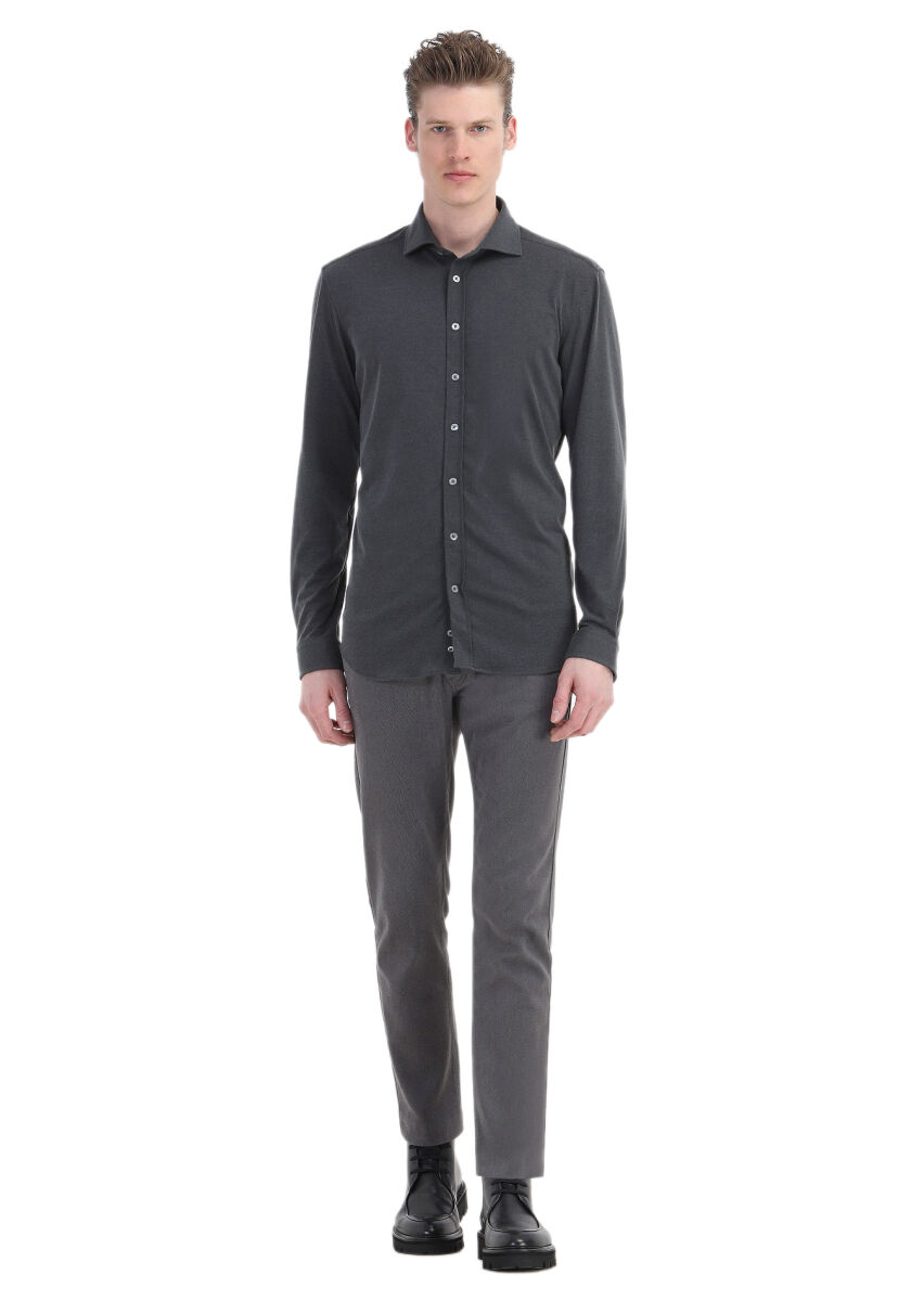 Hard Coal Plain Regular Fit Long Weaving Casual Shirt - 2