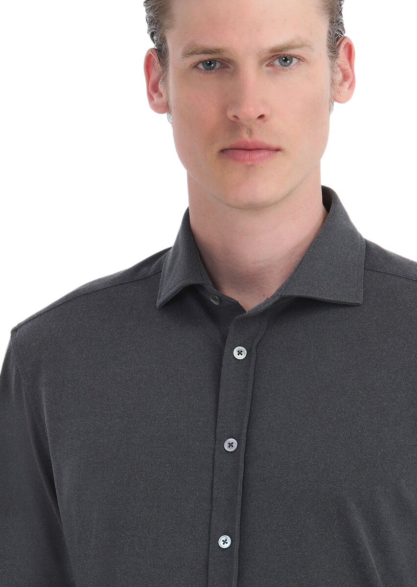 Hard Coal Plain Regular Fit Long Weaving Casual Shirt - 4