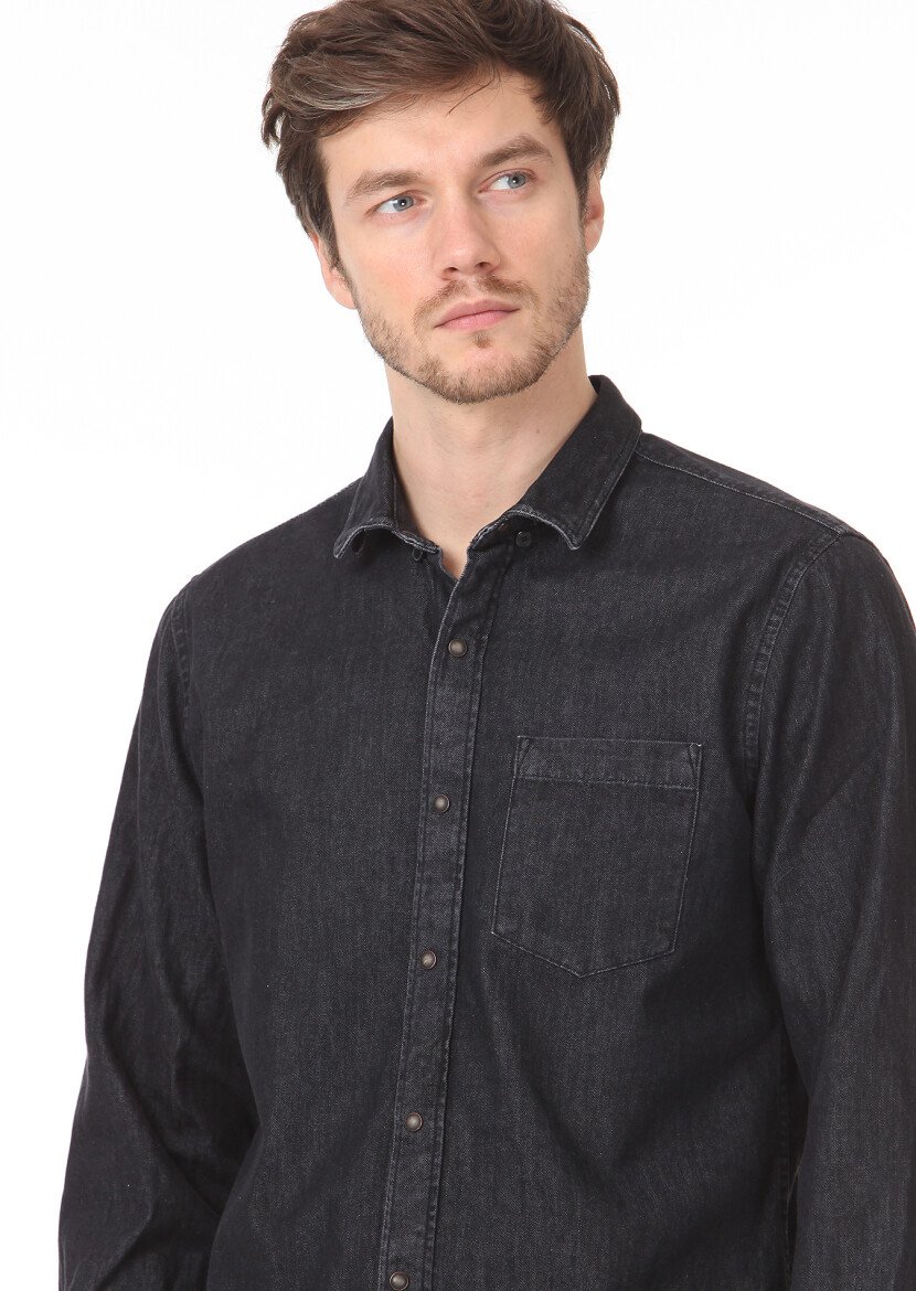 Hard Coal Plain Regular Fit Weaving Casual 100% Cotton Shirt - 3