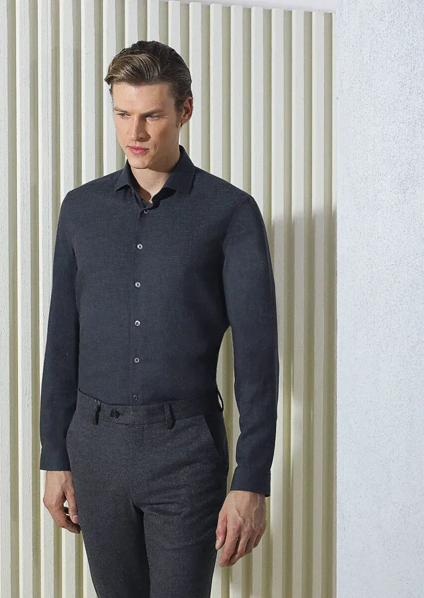Hard Coal Plain Regular Fit Weaving Casual Cotton Blended Shirt - 1