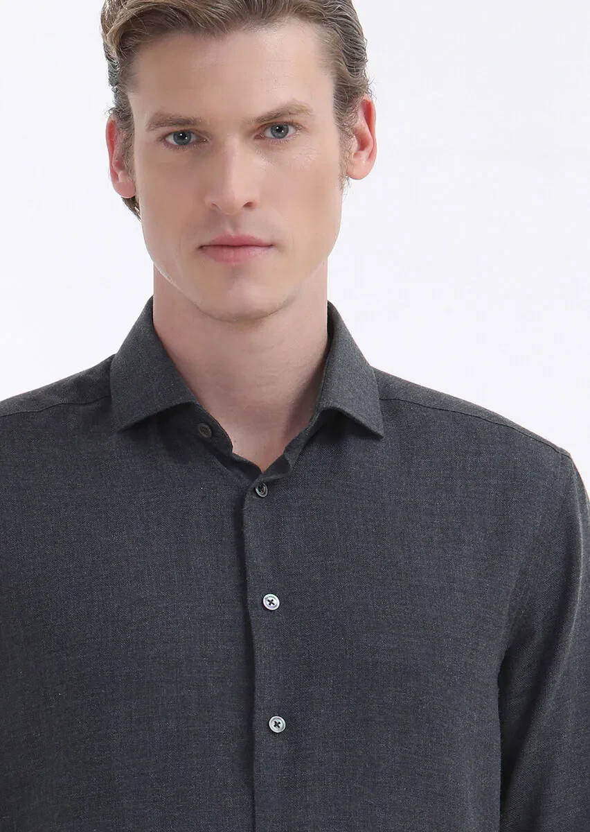 Hard Coal Plain Regular Fit Weaving Casual Cotton Blended Shirt - 2