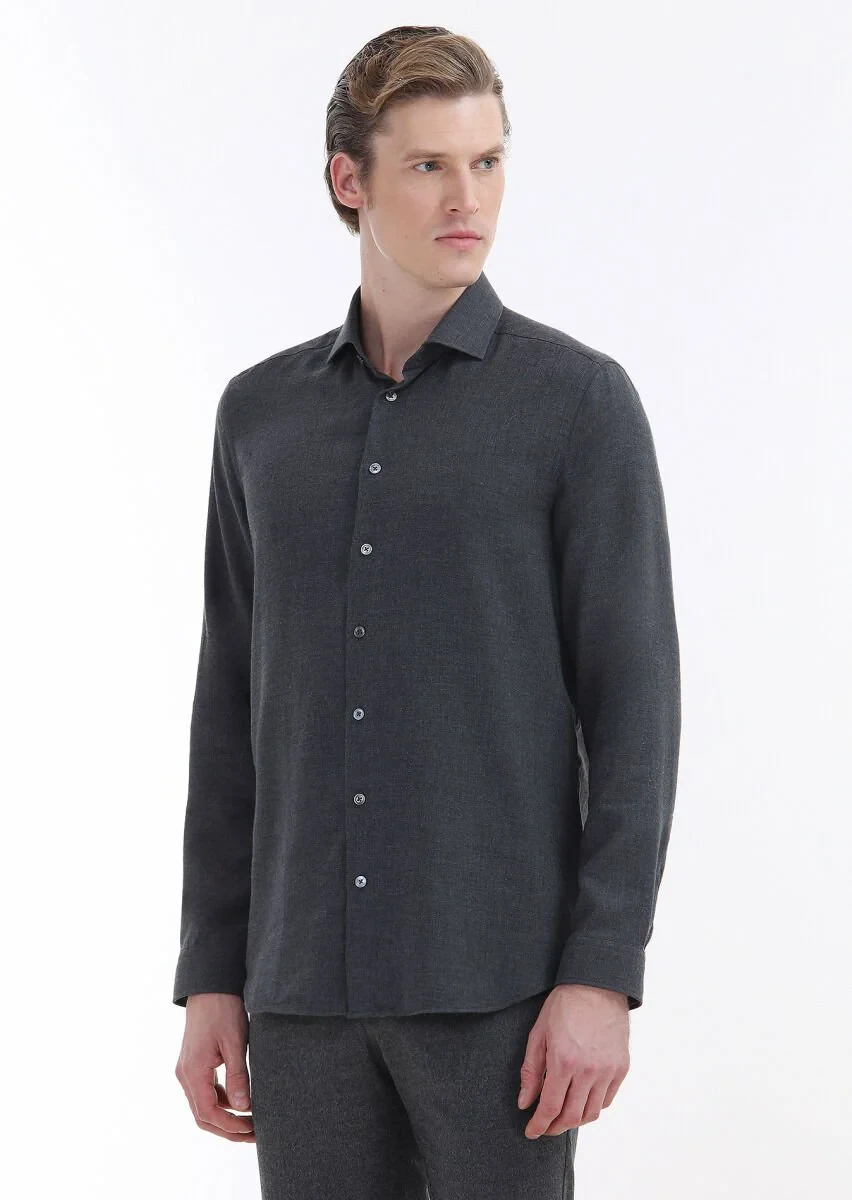 Hard Coal Plain Regular Fit Weaving Casual Cotton Blended Shirt - 5