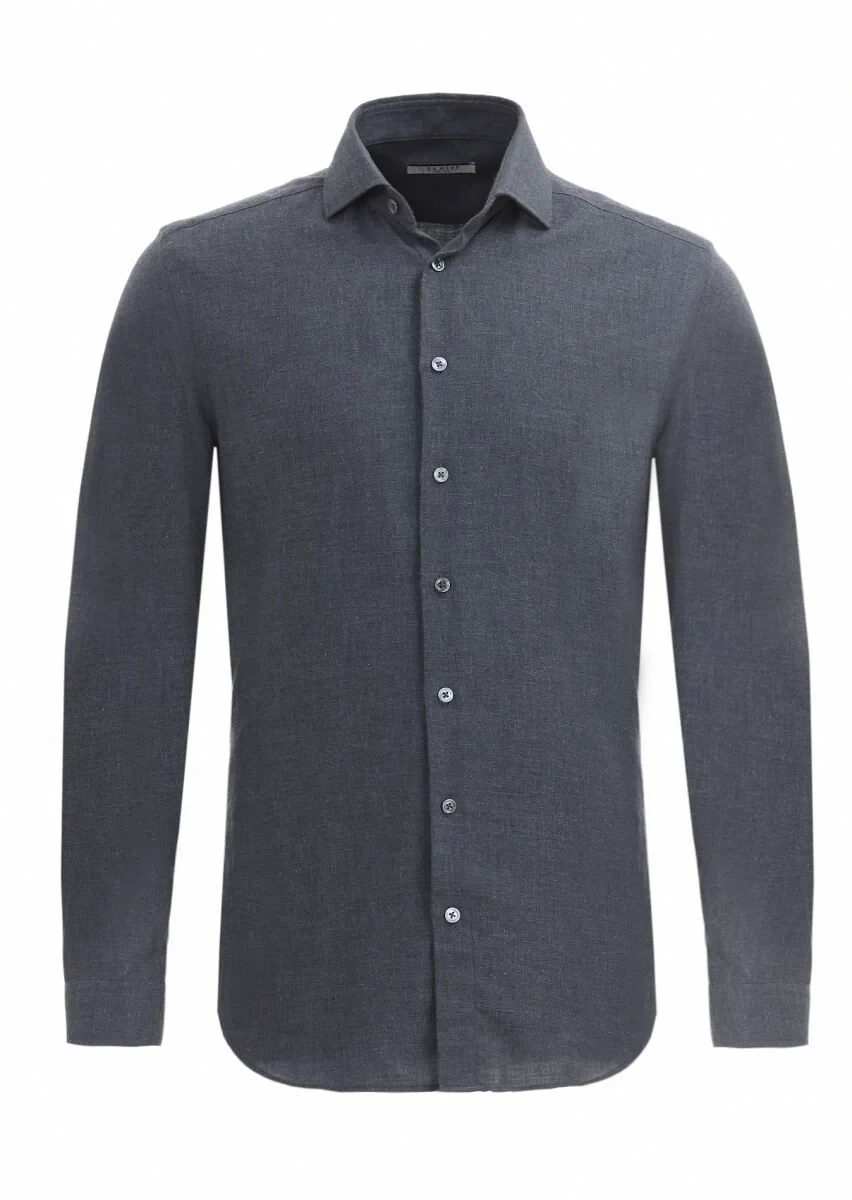 Hard Coal Plain Regular Fit Weaving Casual Cotton Blended Shirt - 7
