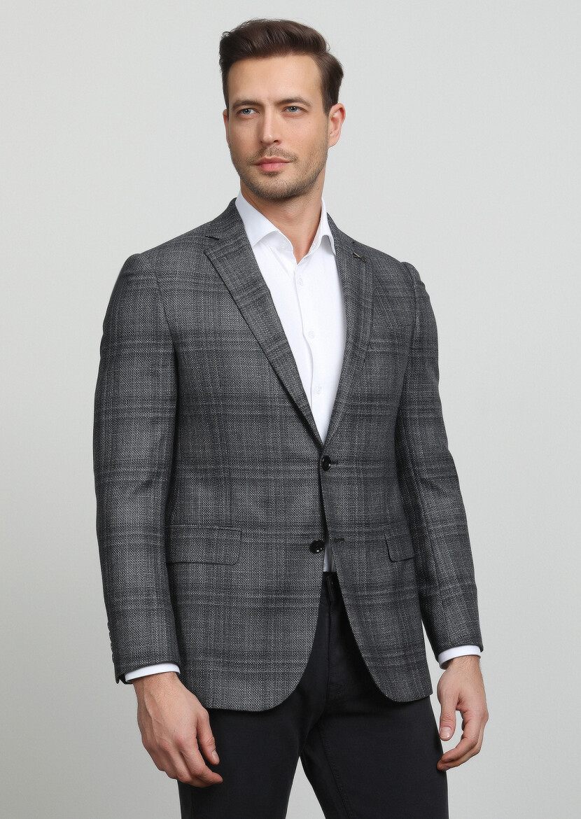 Hard Coal Plain Regular Fit Wool Blended Jacket - 1