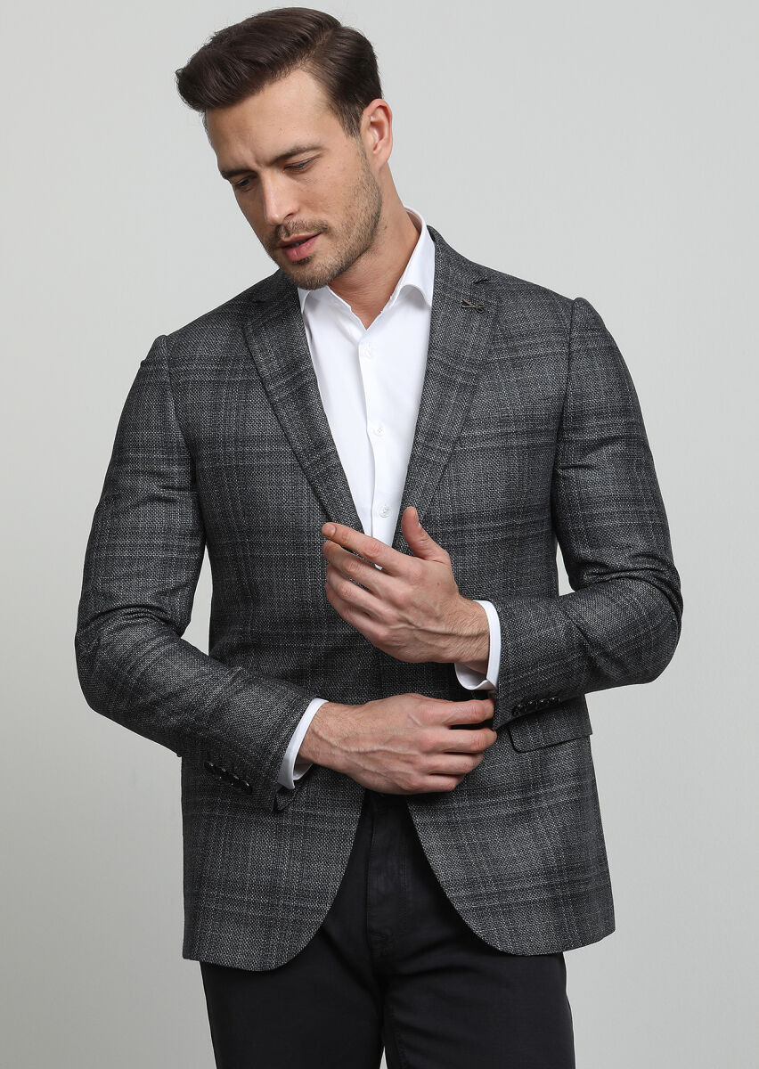 Hard Coal Plain Regular Fit Wool Blended Jacket - 3