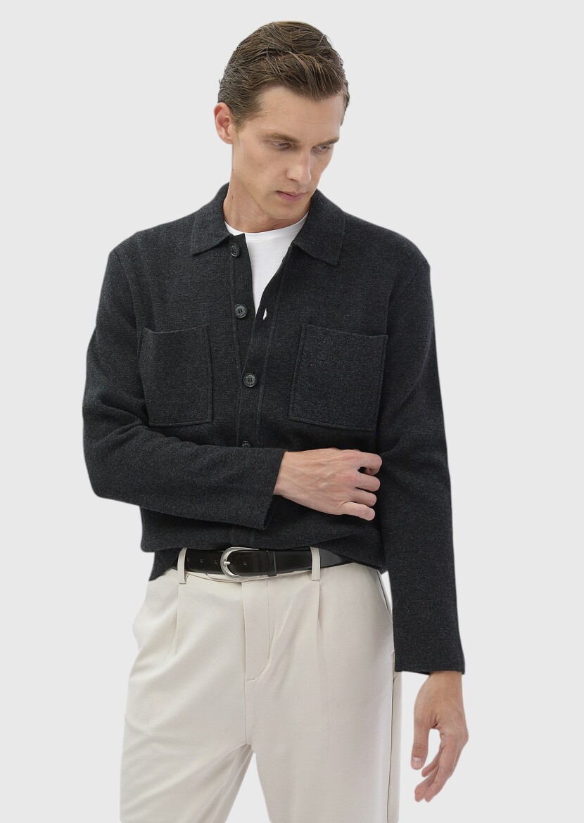 Hard Coal Polo Neck Jacquard Wool Blended Cardigan 