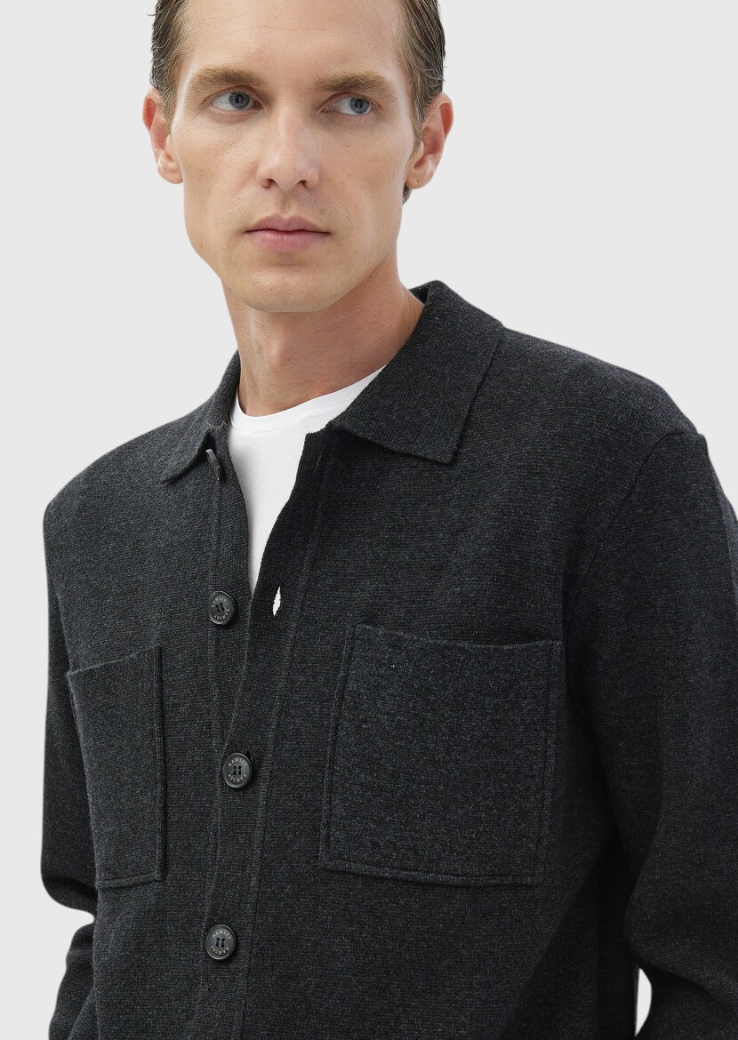 Hard Coal Polo Neck Jacquard Wool Blended Cardigan - 4