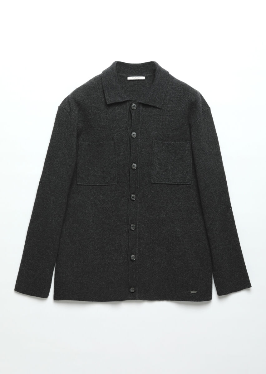 Hard Coal Polo Neck Jacquard Wool Blended Cardigan - 9