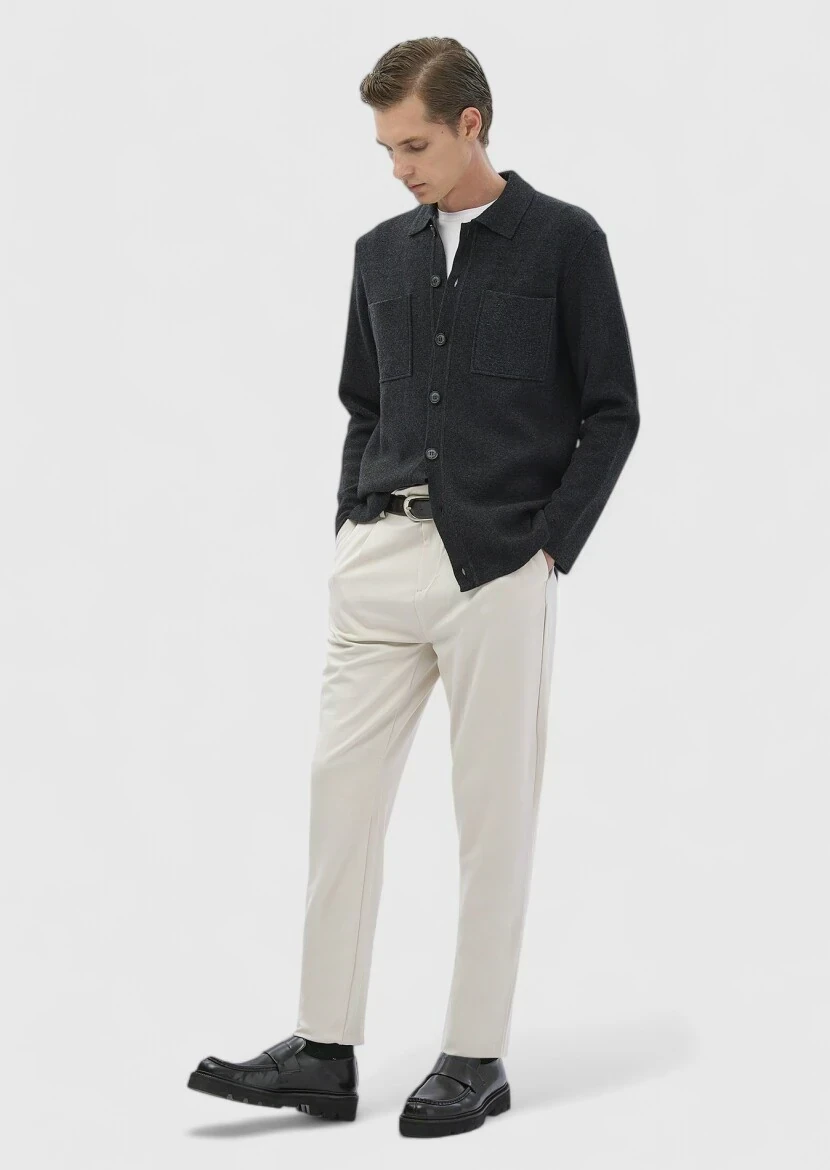Hard Coal Polo Neck Jacquard Wool Blended Cardigan - 2
