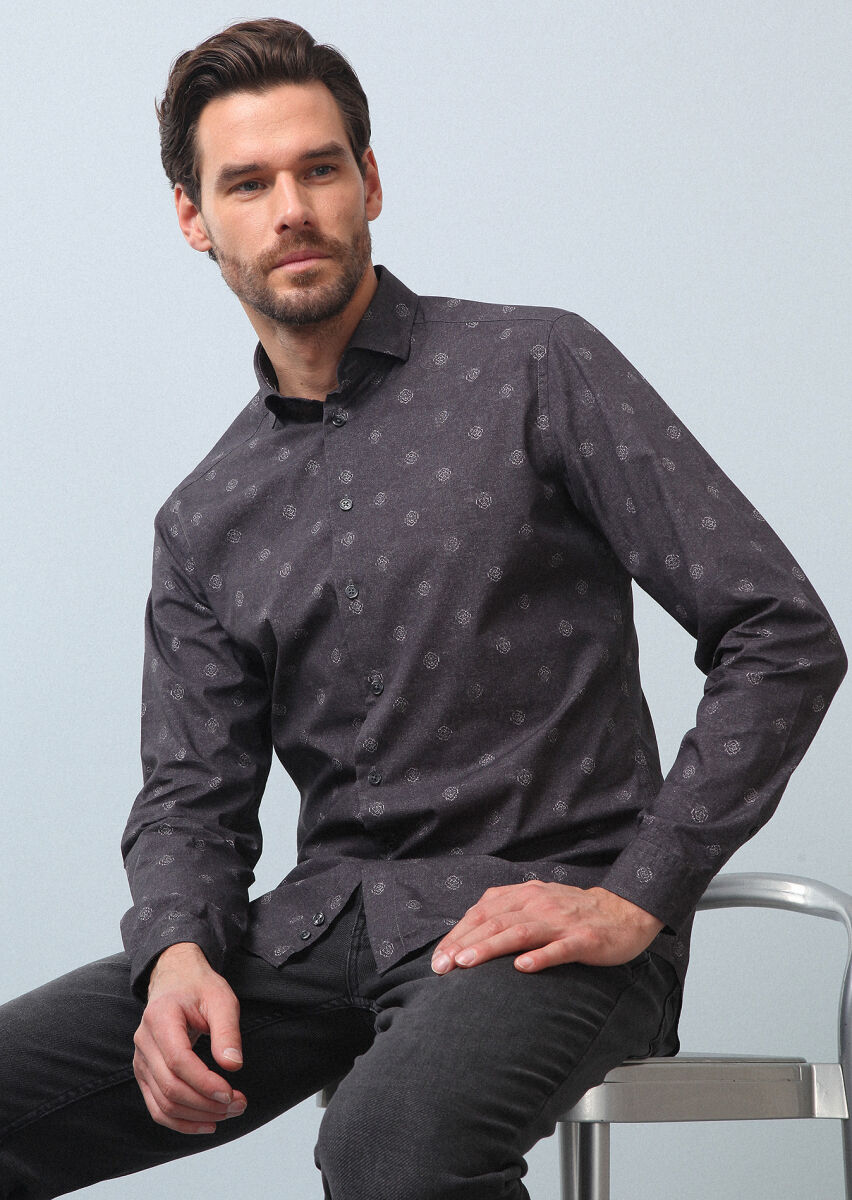 Hard Coal Printed Slim Fit Long Weaving Casual 100% Cotton Shirt - 1