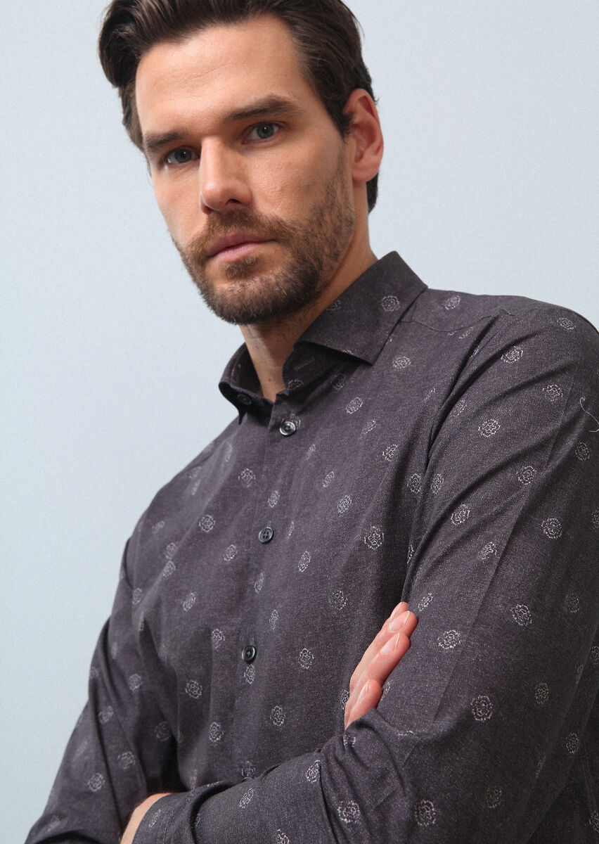Hard Coal Printed Slim Fit Long Weaving Casual 100% Cotton Shirt - 2
