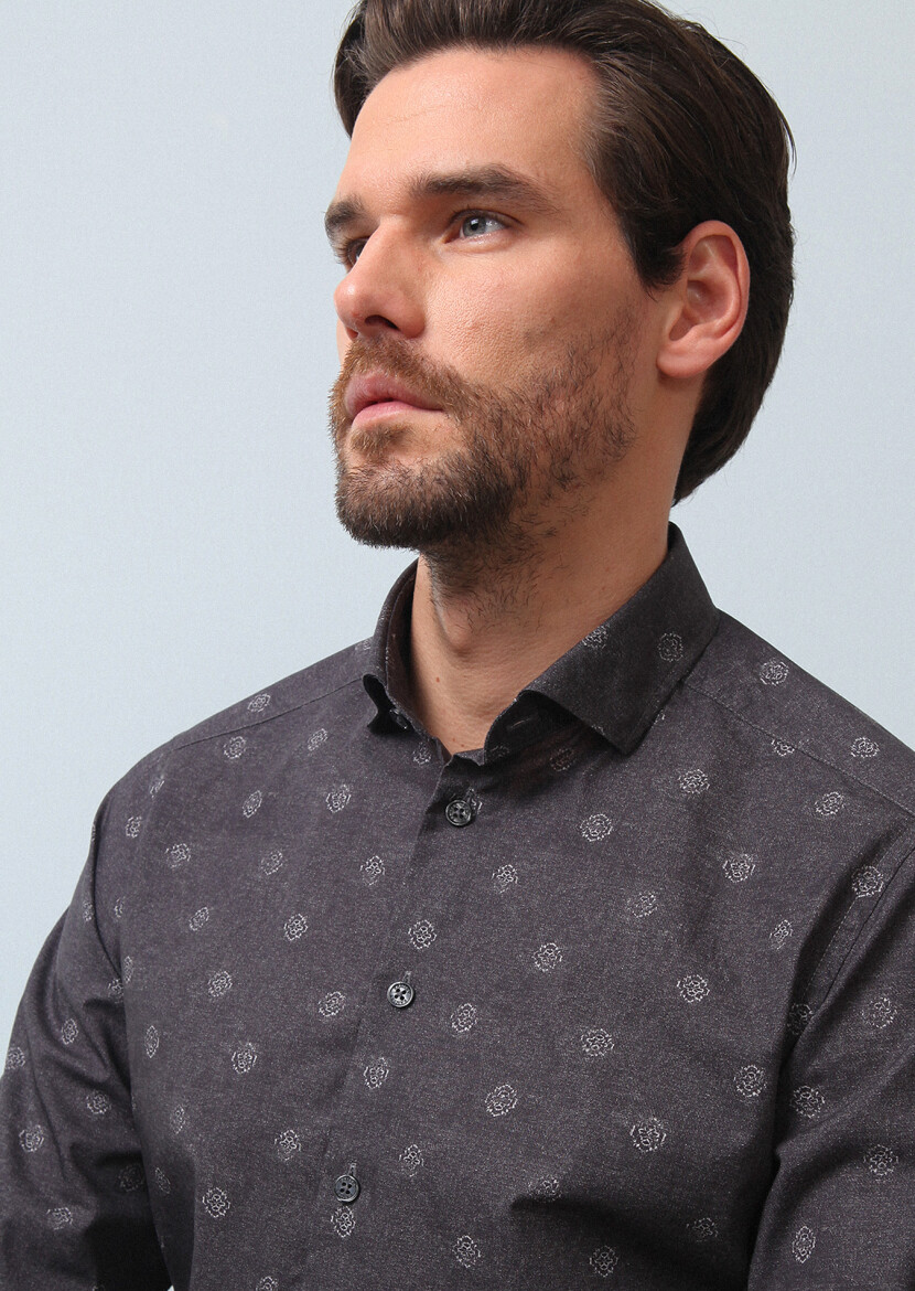 Hard Coal Printed Slim Fit Long Weaving Casual 100% Cotton Shirt - 4