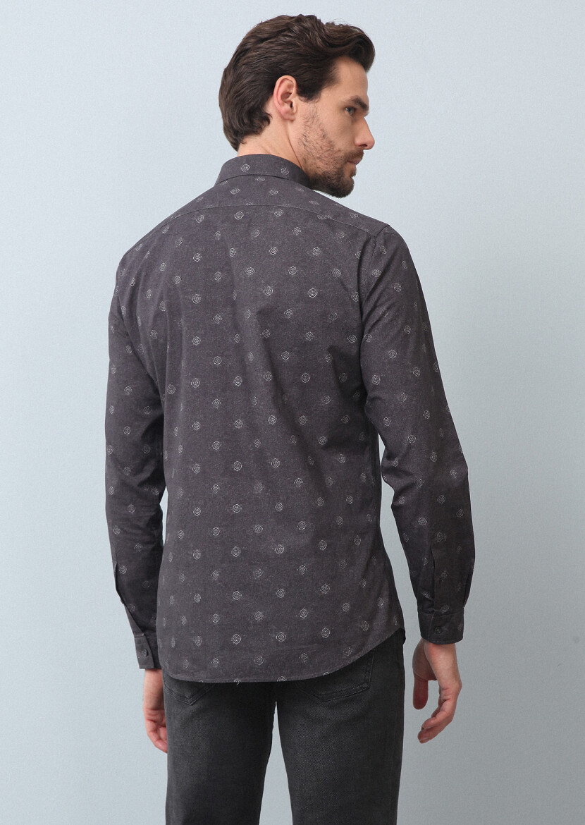Hard Coal Printed Slim Fit Long Weaving Casual 100% Cotton Shirt - 5