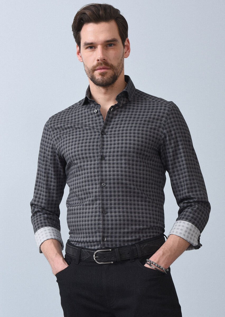 Hard Coal Printed Slim Fit Long Weaving Casual 100% Cotton Shirt - 1