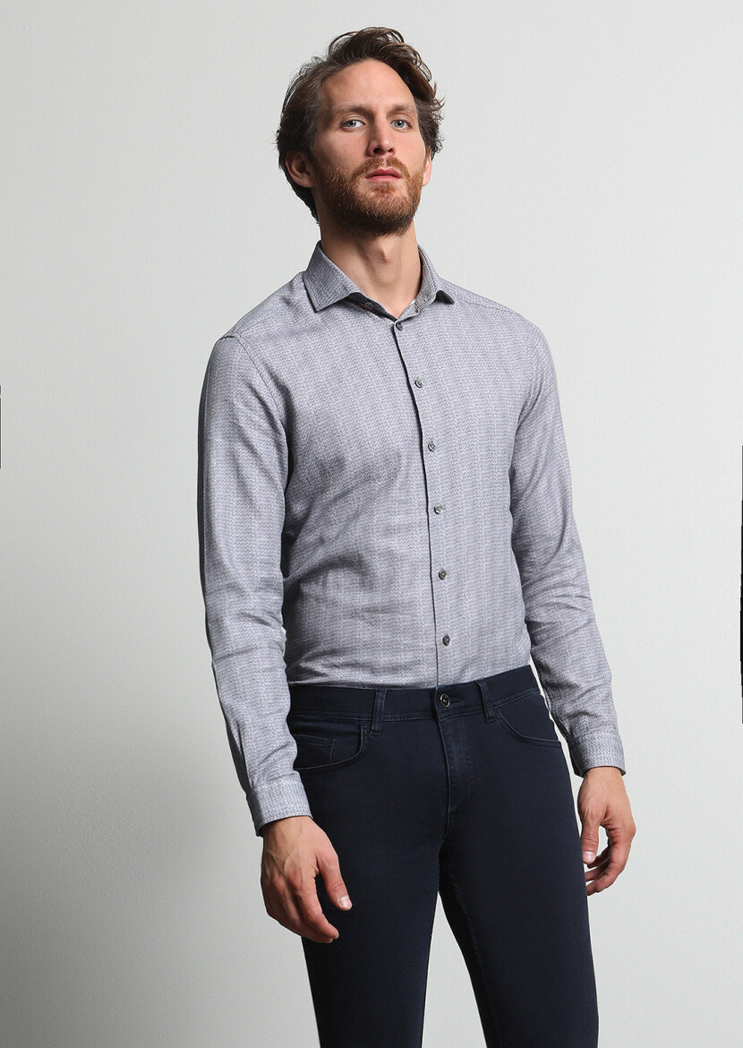 Hard Coal Printed Slim Fit Long Weaving Casual 100% Cotton Shirt - 1