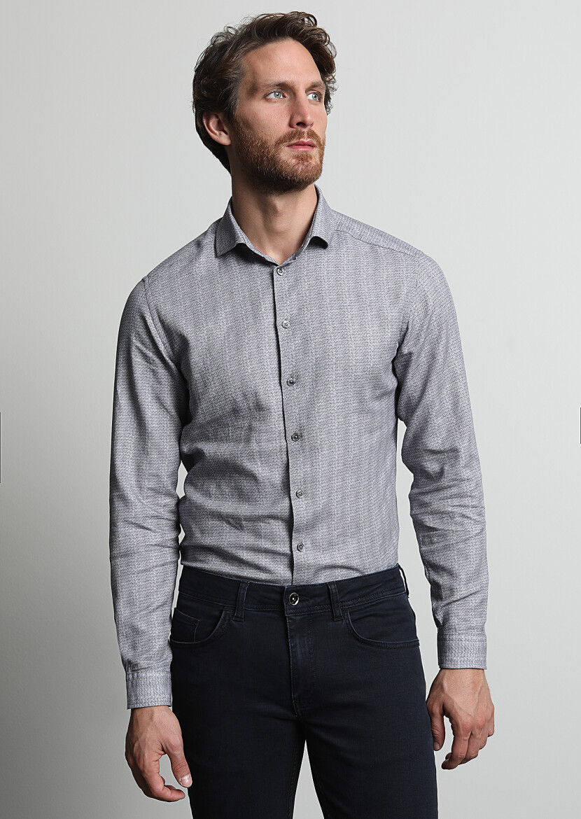 Hard Coal Printed Slim Fit Long Weaving Casual 100% Cotton Shirt - 3
