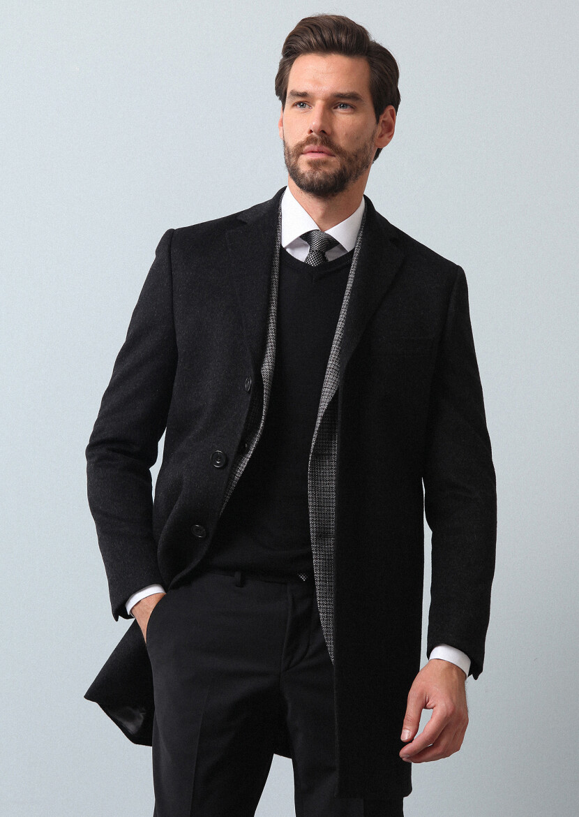 Hard Coal Regular Fit Butterfly Collar Classical Weaving Overcoat - 1