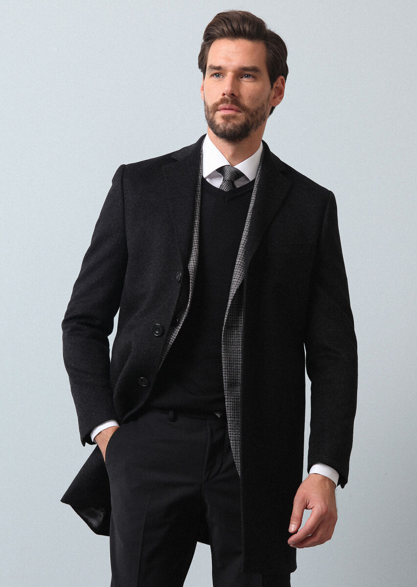 Hard Coal Regular Fit Butterfly Collar Classical Weaving Overcoat - 1