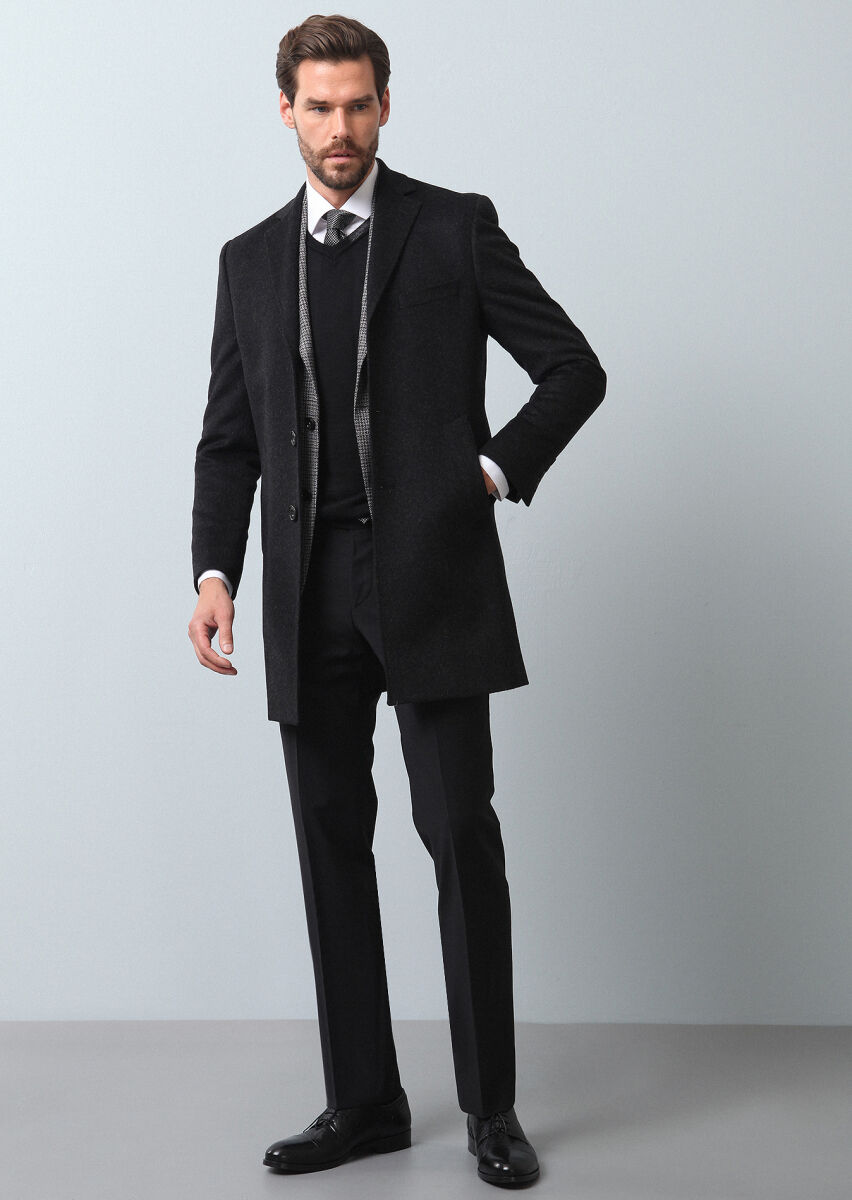 Hard Coal Regular Fit Butterfly Collar Classical Weaving Overcoat - 3