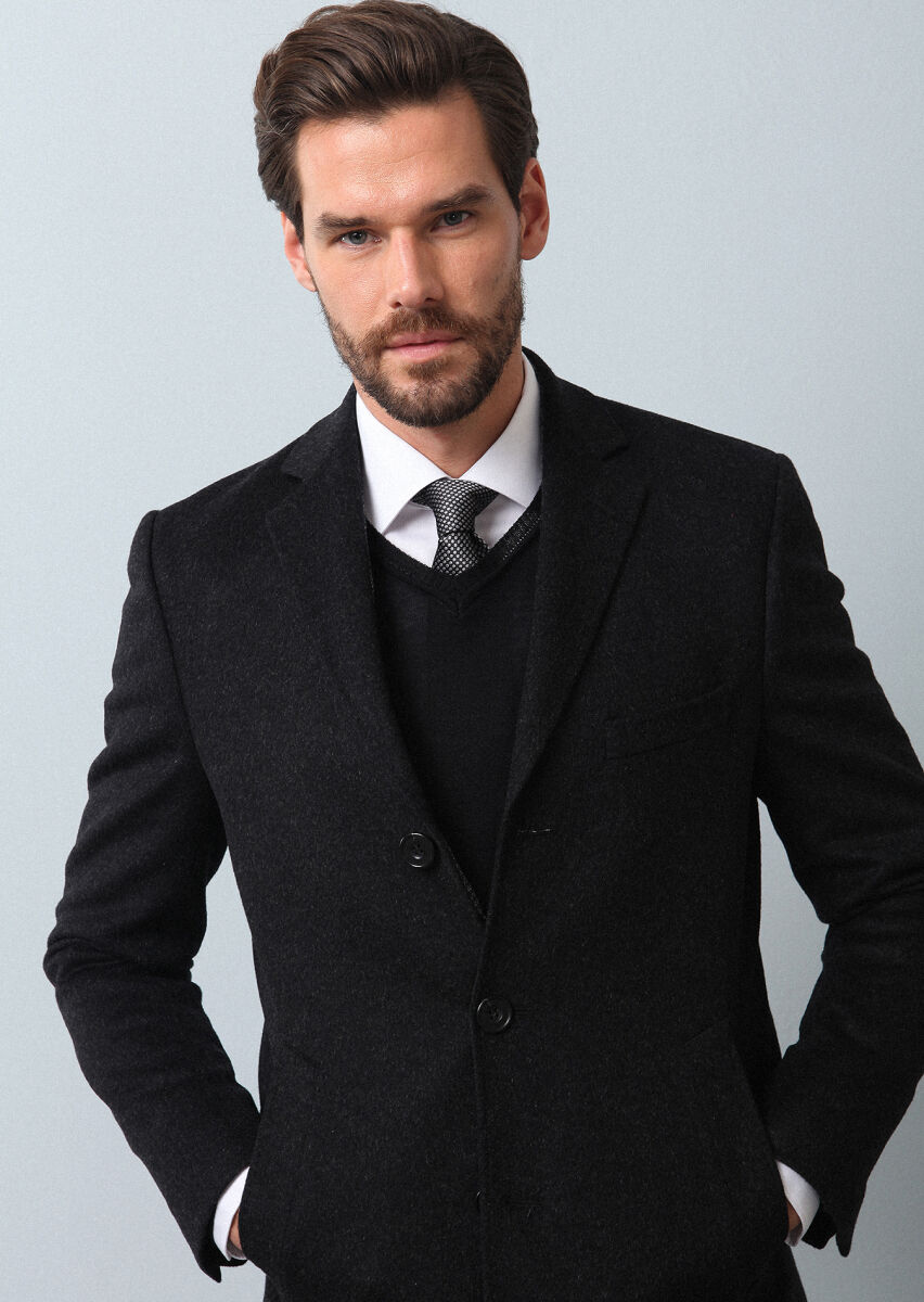 Hard Coal Regular Fit Butterfly Collar Classical Weaving Overcoat - 4