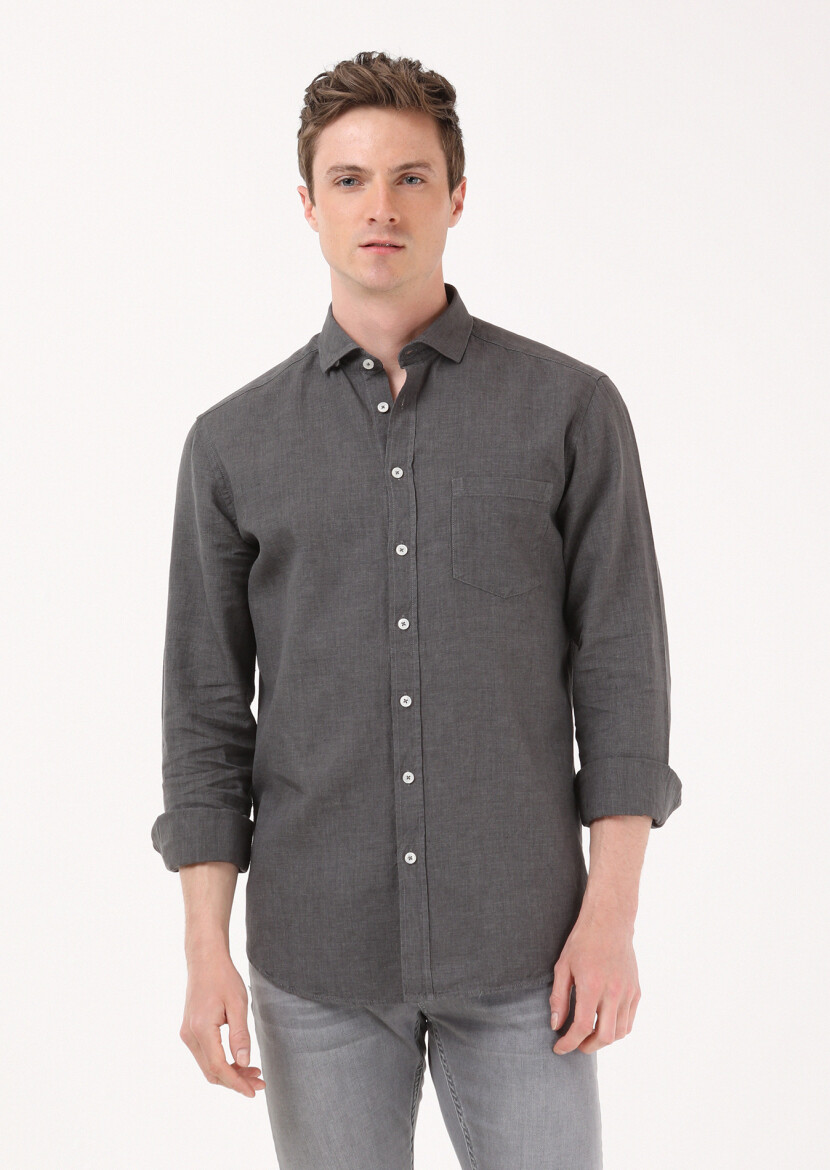 Hard Coal Regular Fit Long Weaving Casual Cotton Blended Shirt - 2